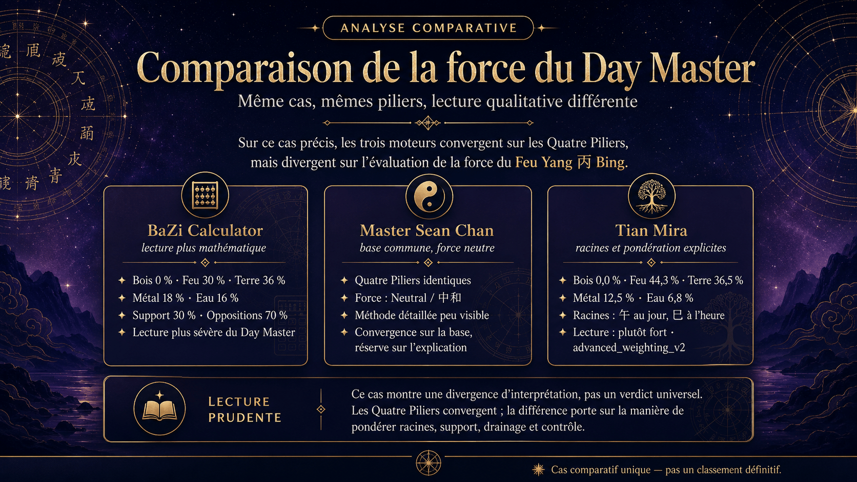 Comparaison de la force du Day Master entre les trois moteurs BaZi