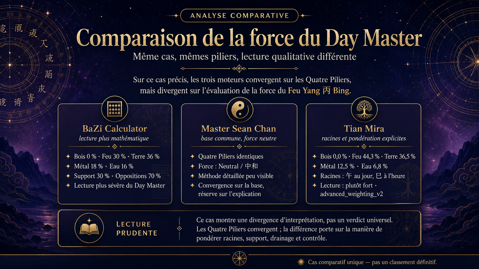 Comparaison de la force du Day Master entre les trois moteurs BaZi